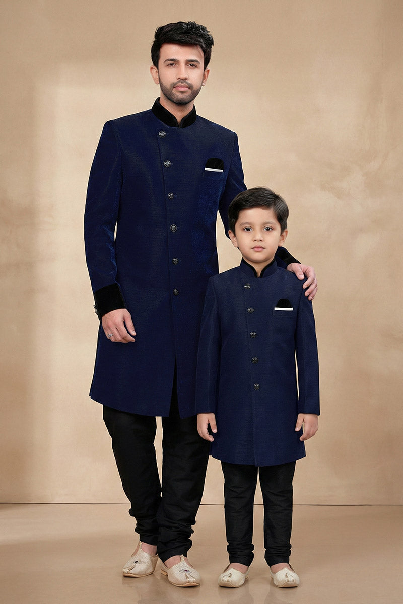 Matching Navy Blue Dhupion Kurta Pajama Set for Dad & Son | Ethnic Collection RTI