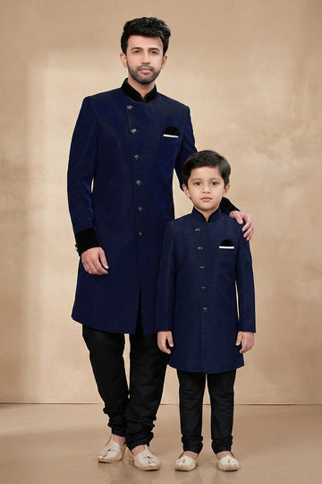 Matching Navy Blue Dhupion Kurta Pajama Set for Dad & Son | Ethnic Collection RTI