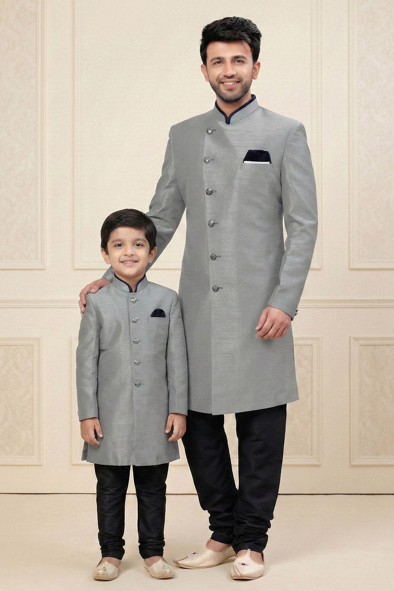 Grey Dhupion Kurta Set for Father-Son Duo | Traditional Wear RTI