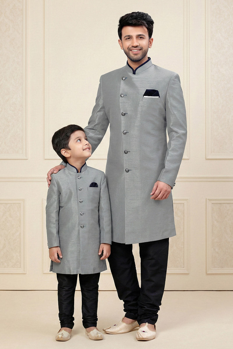 Grey Dhupion Kurta Set for Father-Son Duo | Traditional Wear RTI