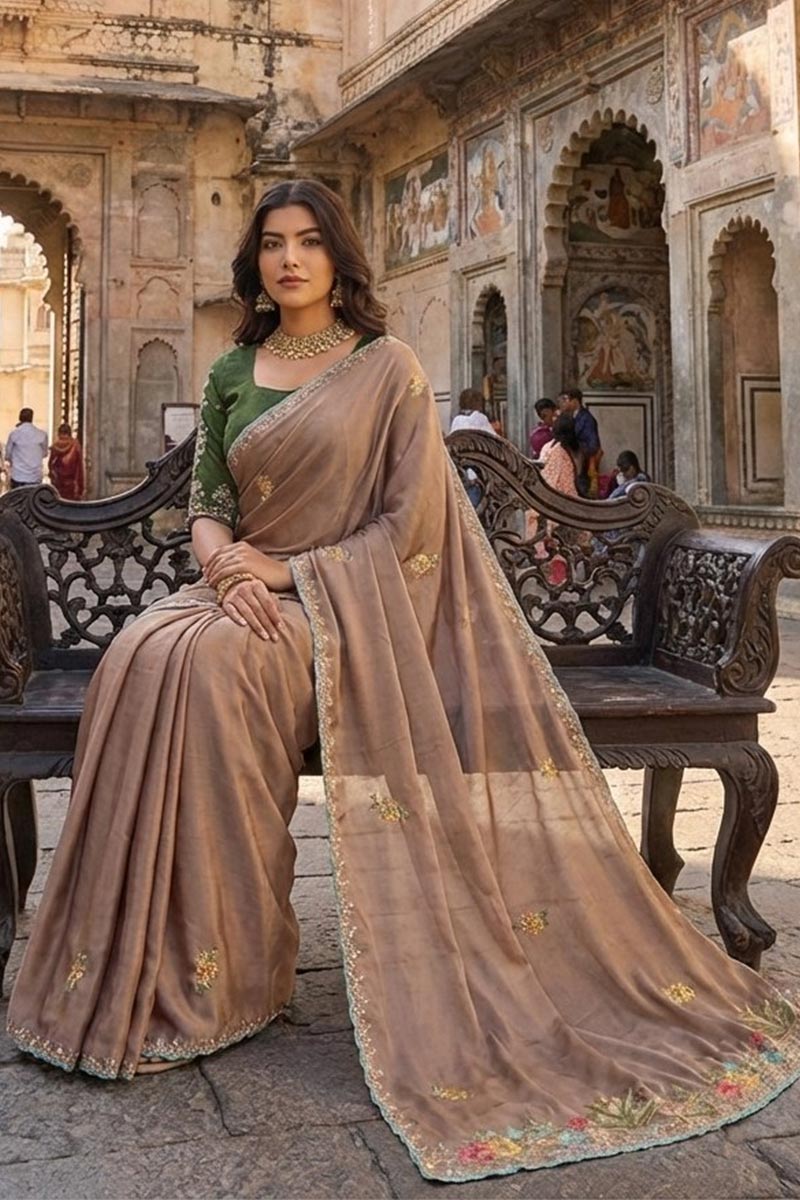 Light Brown Embroidered Saree with Contrast Green Blouse – Festive & Party Wear LF