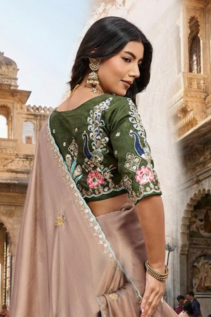 Light Brown Embroidered Saree with Contrast Green Blouse – Festive & Party Wear LF