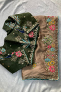 Light Brown Embroidered Saree with Contrast Green Blouse – Festive & Party Wear LF