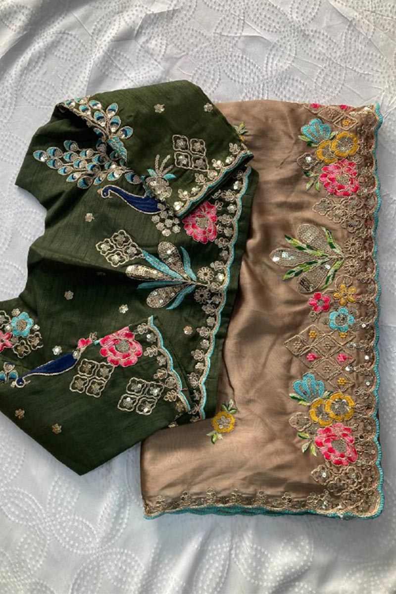 Light Brown Embroidered Saree with Contrast Green Blouse – Festive & Party Wear LF