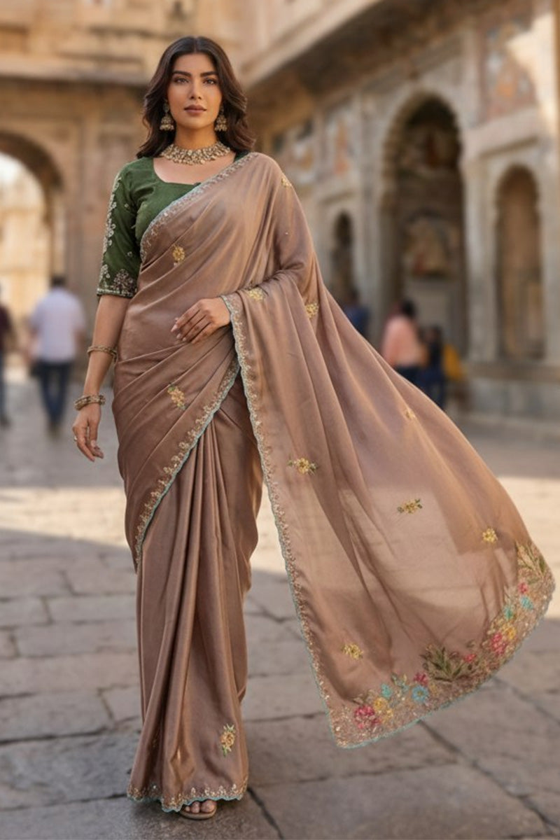 Light Brown Embroidered Saree with Contrast Green Blouse – Festive & Party Wear LF