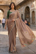 Light Brown Embroidered Saree with Contrast Green Blouse – Festive & Party Wear LF
