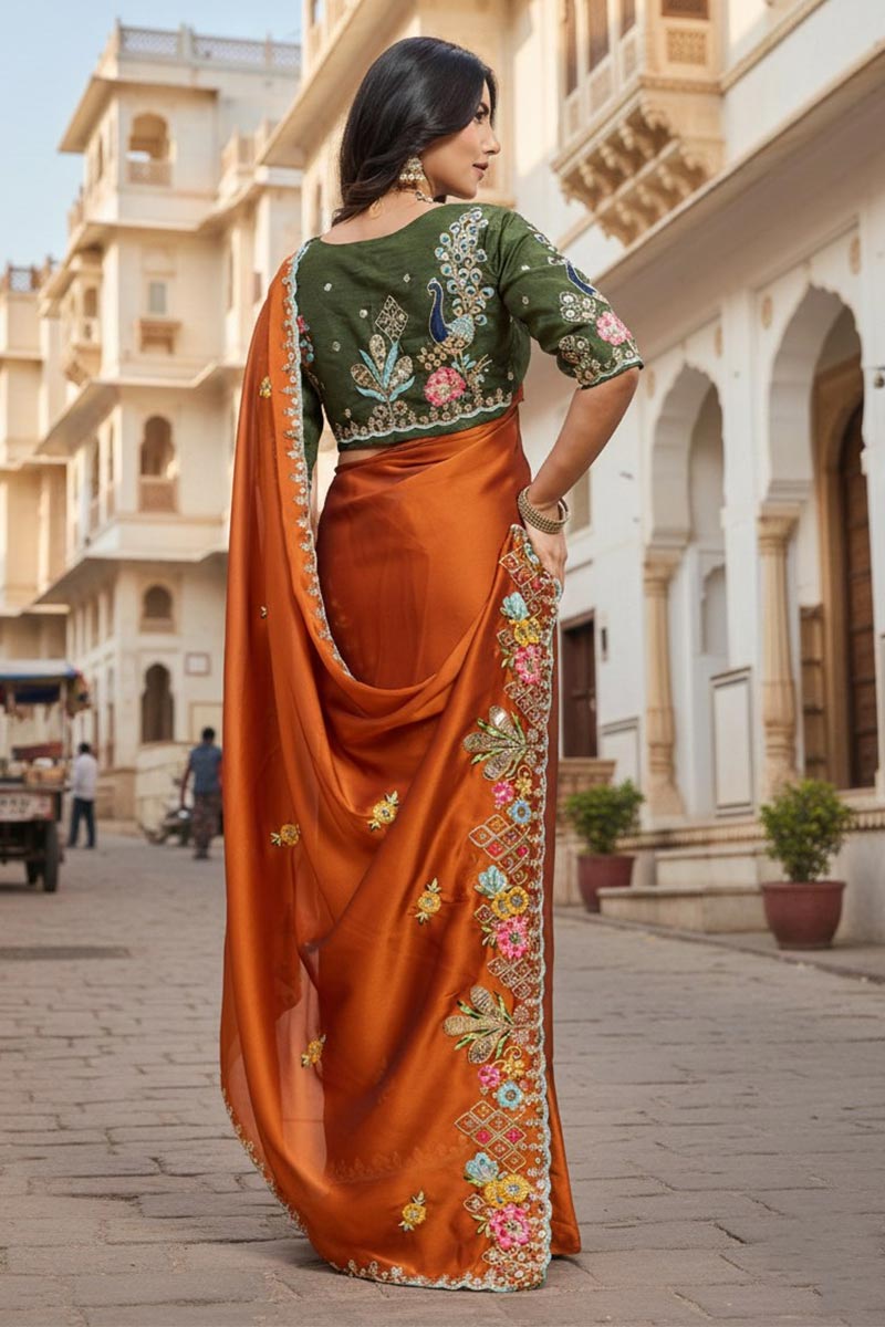 Classic Floral Border Silk Saree in Rust – Timeless Indian Ethnic Wear RTI
