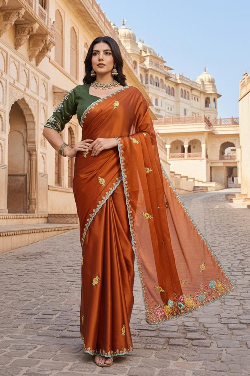 Classic Floral Border Silk Saree in Rust – Timeless Indian Ethnic Wear RTI