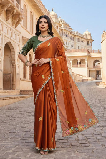 Classic Floral Border Silk Saree in Rust – Timeless Indian Ethnic Wear RTI