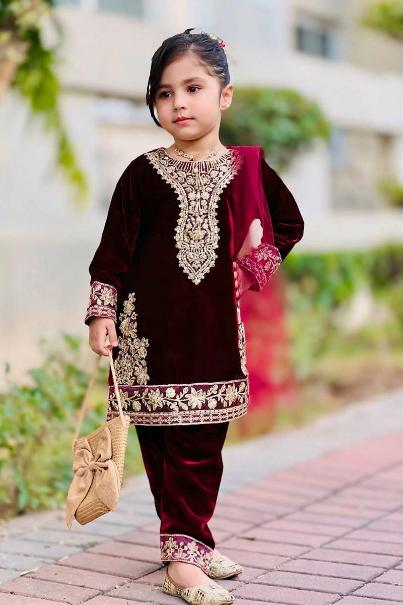 Maroon Designer Ethnic Outfit for Kids | Embroidery Dress for Girls UK RTI