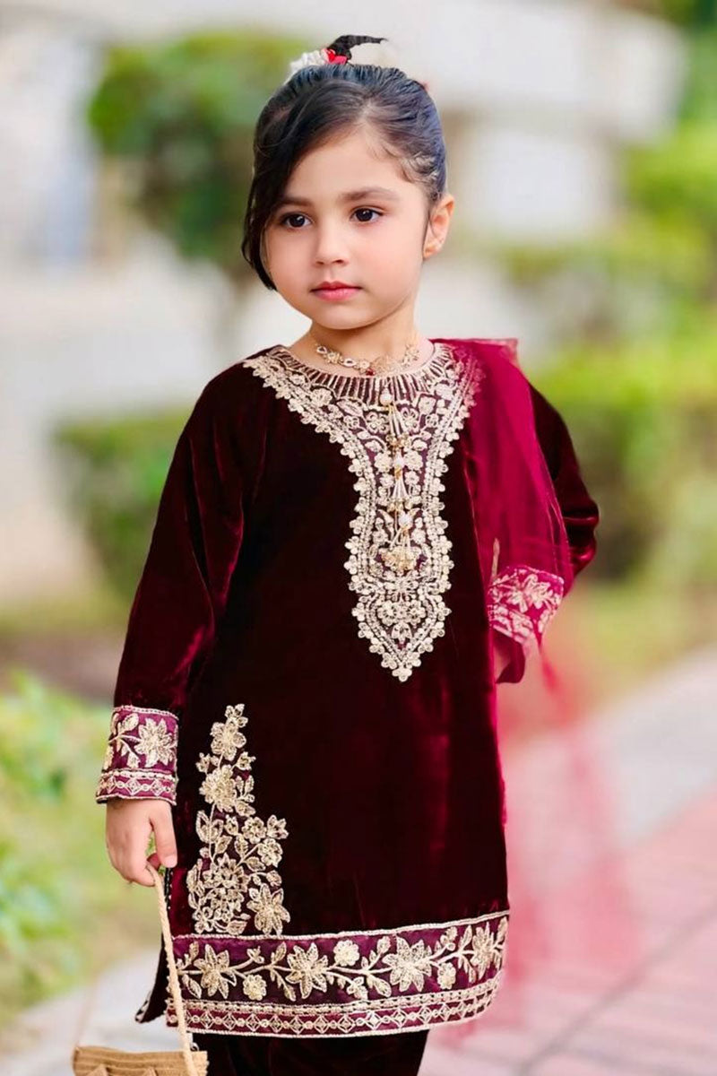 Maroon Designer Ethnic Outfit for Kids | Embroidery Dress for Girls UK RTI