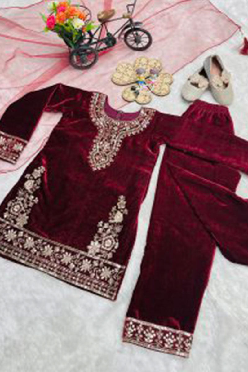 Maroon Designer Ethnic Outfit for Kids | Embroidery Dress for Girls UK RTI