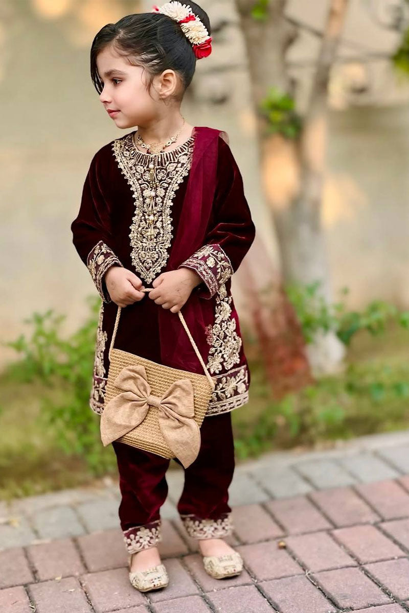 Maroon Designer Ethnic Outfit for Kids | Embroidery Dress for Girls UK RTI
