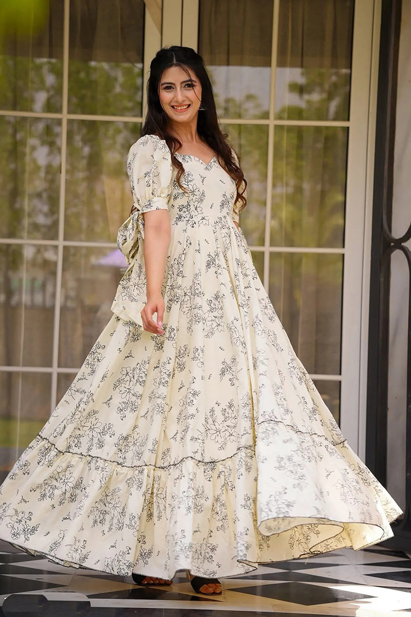 White Elegant Floral Rayon Gown with Puff Sleeves – UK RTI