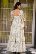 White Elegant Floral Rayon Gown with Puff Sleeves – UK RTI