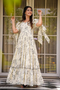 White Elegant Floral Rayon Gown with Puff Sleeves – UK RTI