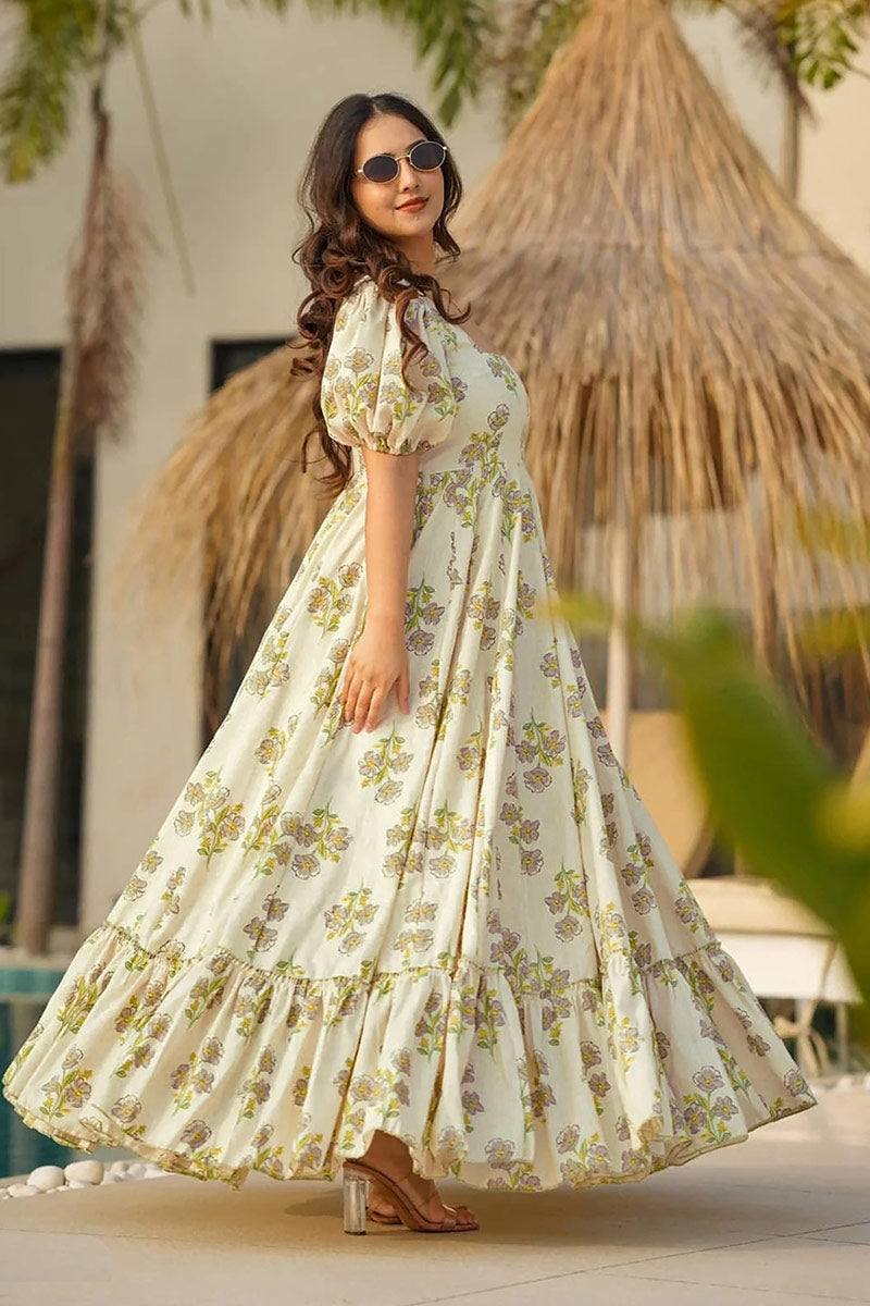 Multi Color Floral Printed Rayon Gown with Tie-Up Sleeves – UK RTI