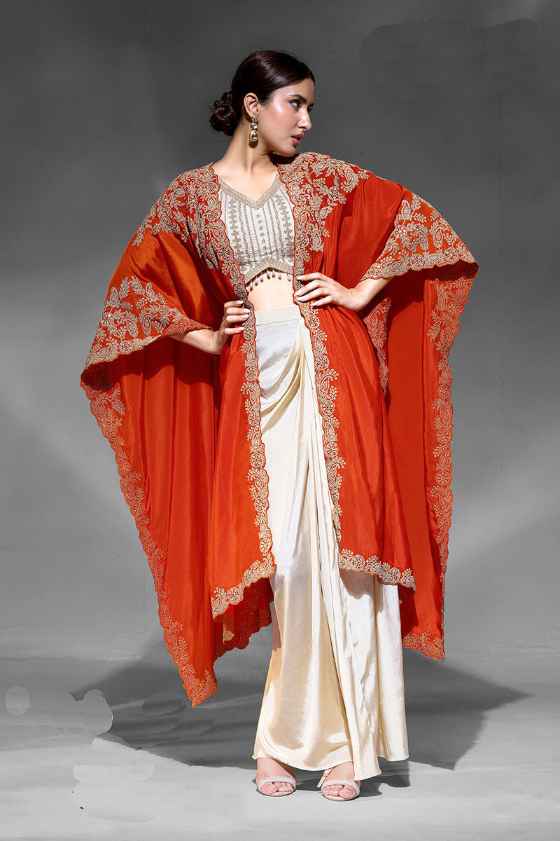Orange Embroidered Indo-Western Lehenga Set | Festive Wear UK RTI