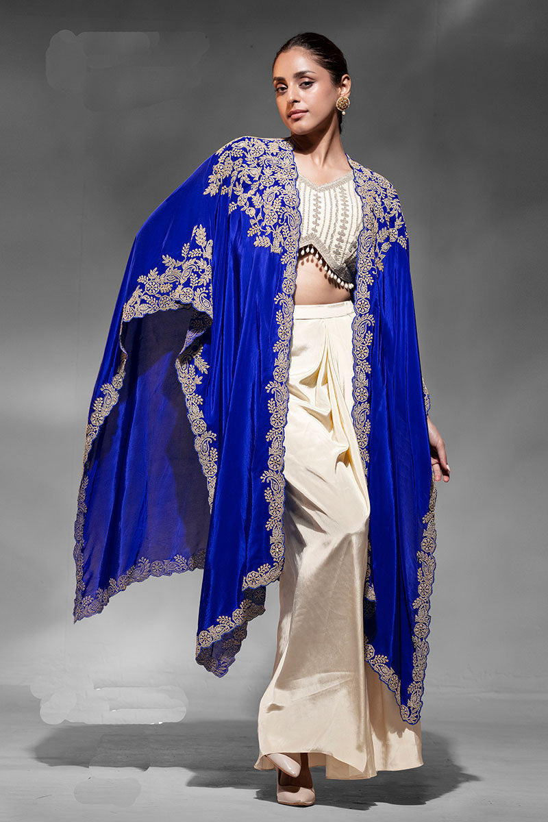 Royal Blue Embroidered Indo-Western Lehenga Set | Party Wear UK RTI