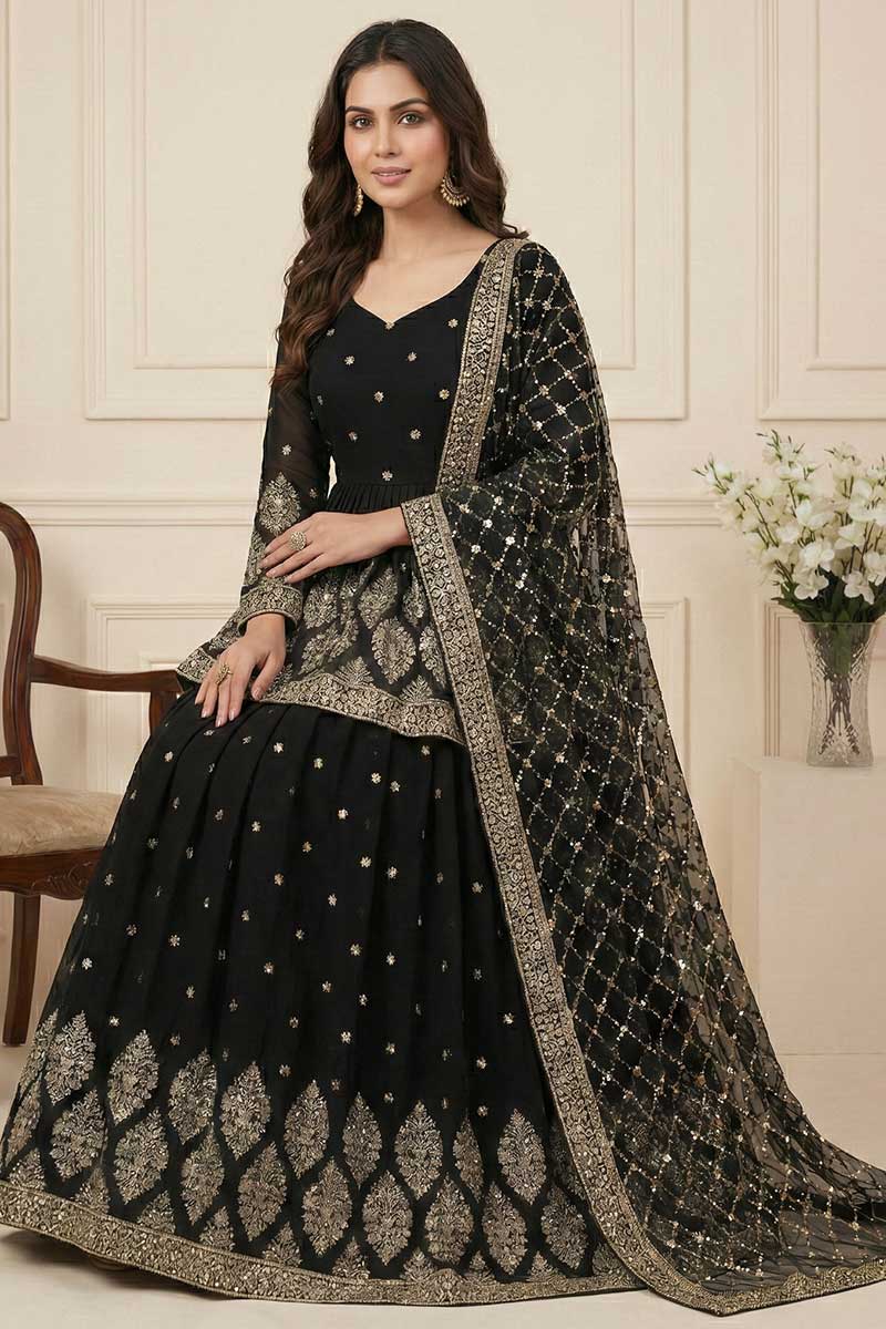 Elegant Black Lehenga with Silver Embroidery | Party Wear UK RTI