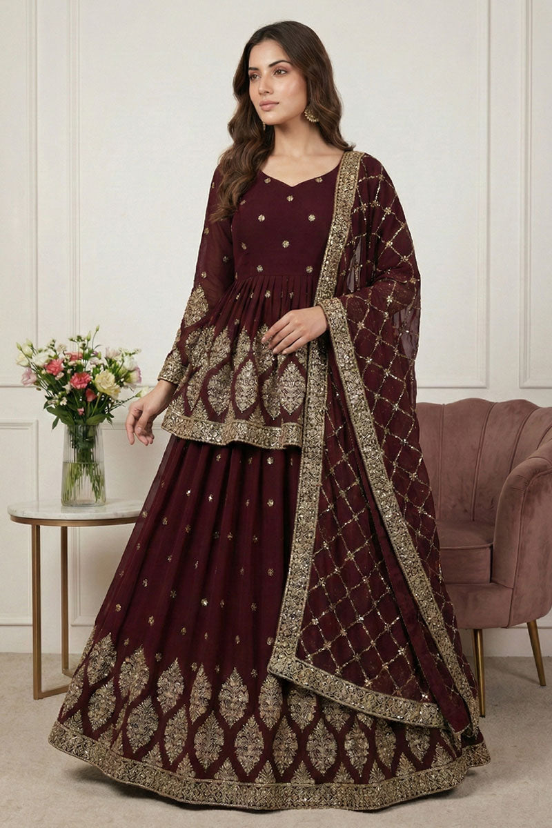 Classic Maroon Embroidered Party Wear Lehenga | UK RTI