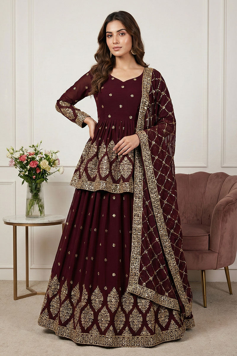Classic Maroon Embroidered Party Wear Lehenga | UK RTI