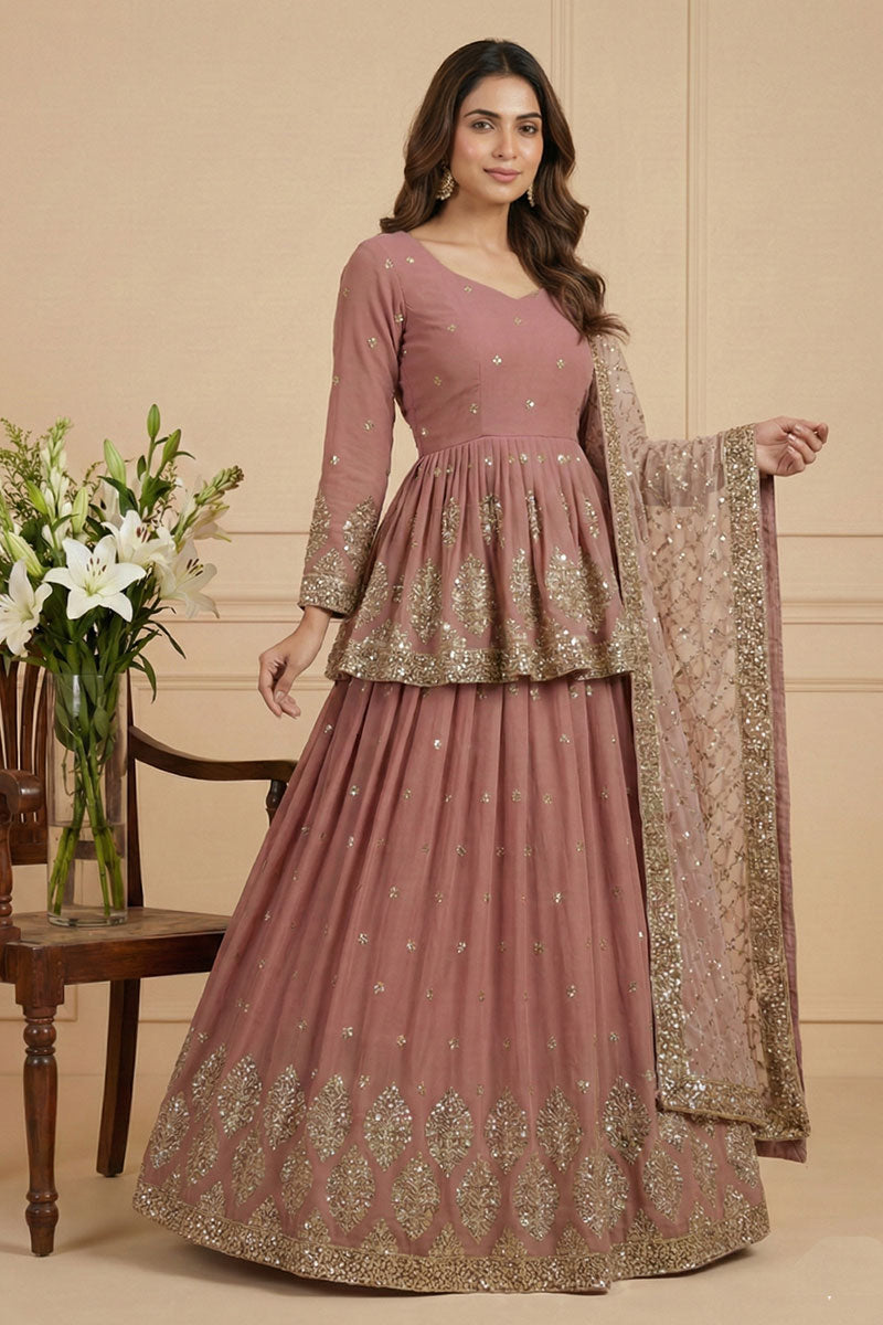 Peach Pink Embroidered Lehenga Set for Women | Party Wear UK RTI