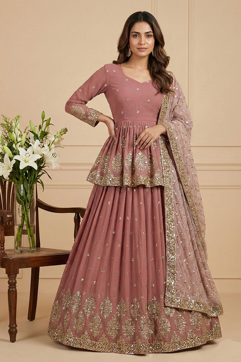 Peach Pink Embroidered Lehenga Set for Women | Party Wear UK RTI