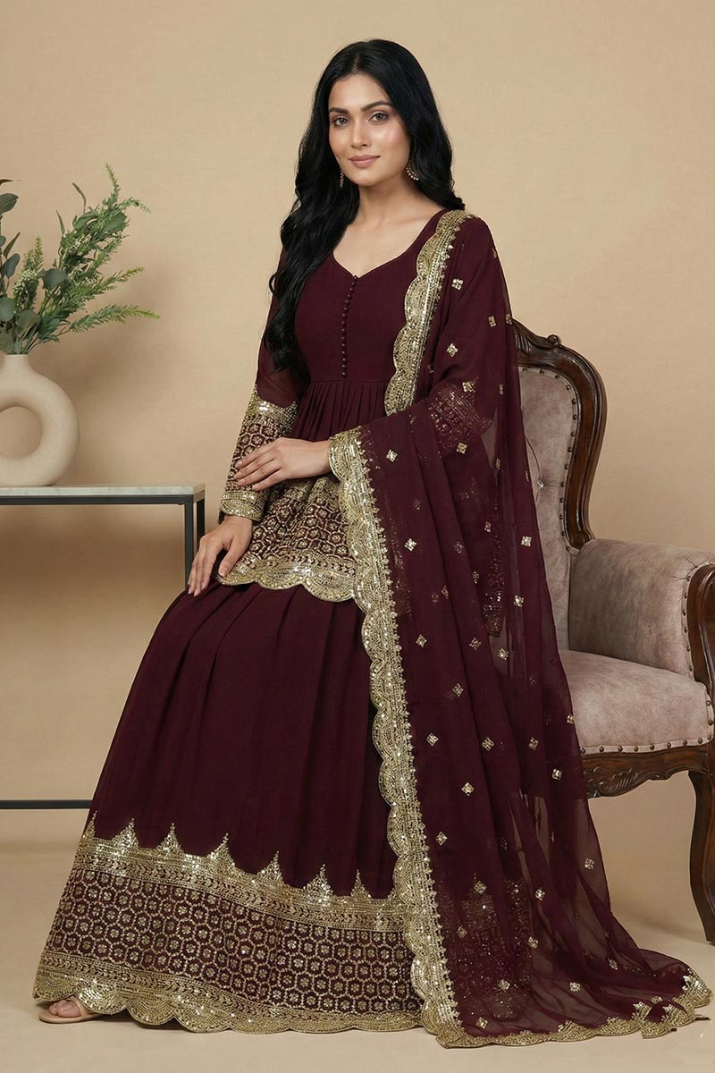 Indian Maroon Embroidered Lehenga Set | Wedding Wear UK RTI