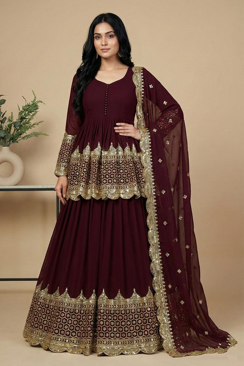 Indian Maroon Embroidered Lehenga Set | Wedding Wear UK RTI