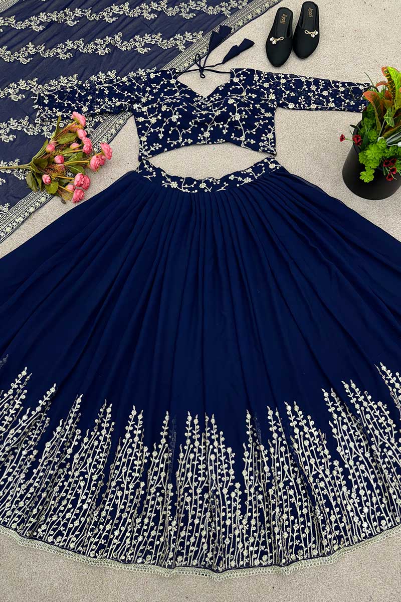 Floral Embroidered Festive Lehenga Set | Blue Designer Wear RTI