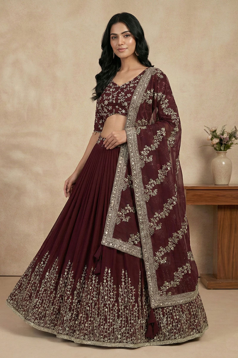 Maroon Hand-Embroidered Occasion Wear | Lehenga Suit RTI