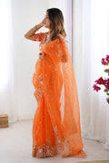 Elegant Orange Organza Embroidered Saree | Party Wear Saree UK RTI