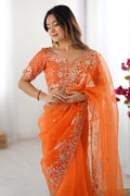Elegant Orange Organza Embroidered Saree | Party Wear Saree UK RTI