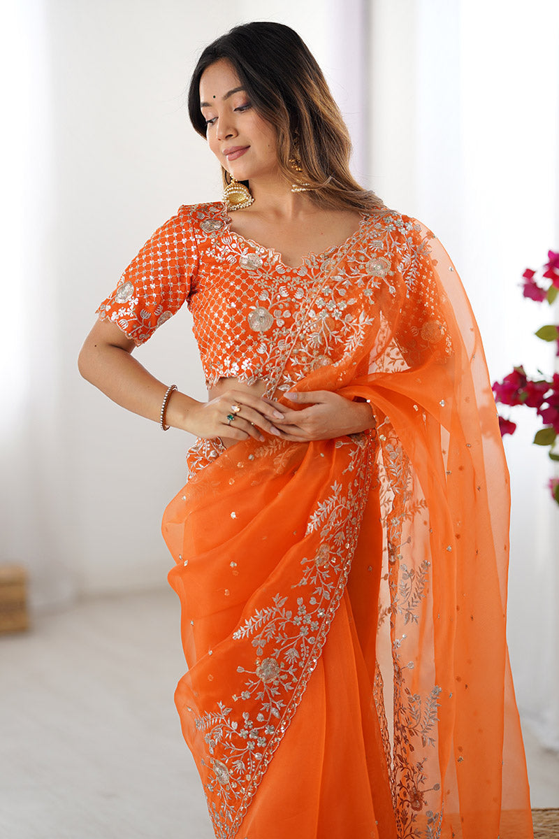 Elegant Orange Organza Embroidered Saree | Party Wear Saree UK RTI