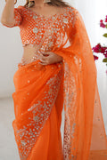 Elegant Orange Organza Embroidered Saree | Party Wear Saree UK RTI