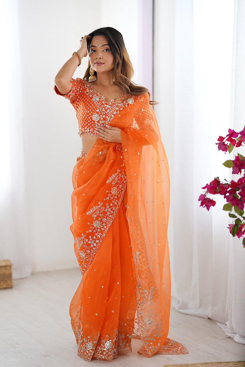 Elegant Orange Organza Embroidered Saree | Party Wear Saree UK RTI