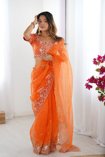 Elegant Orange Organza Embroidered Saree | Party Wear Saree UK RTI