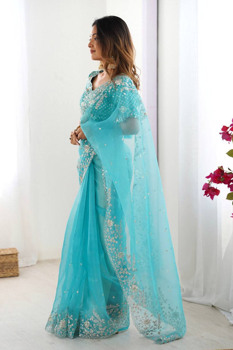 Designer Sky Blue Organza Saree with Intricate Thread Work | UK Party Wear RTI