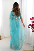 Designer Sky Blue Organza Saree with Intricate Thread Work | UK Party Wear RTI