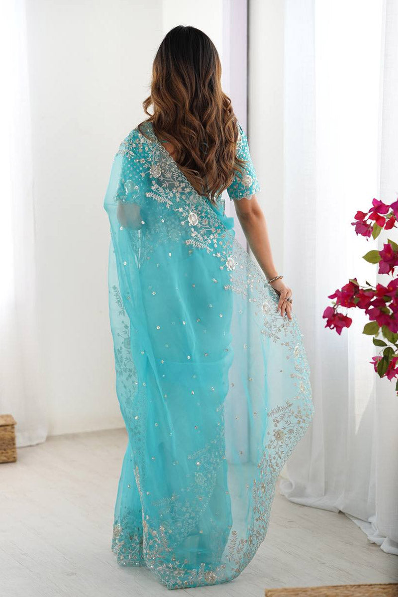 Designer Sky Blue Organza Saree with Intricate Thread Work | UK Party Wear RTI