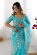 Designer Sky Blue Organza Saree with Intricate Thread Work | UK Party Wear RTI