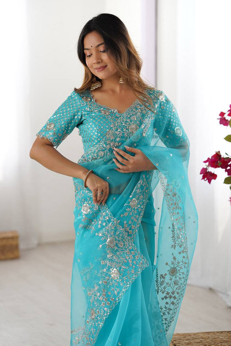 Designer Sky Blue Organza Saree with Intricate Thread Work | UK Party Wear RTI