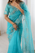 Designer Sky Blue Organza Saree with Intricate Thread Work | UK Party Wear RTI