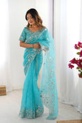 Designer Sky Blue Organza Saree with Intricate Thread Work | UK Party Wear RTI