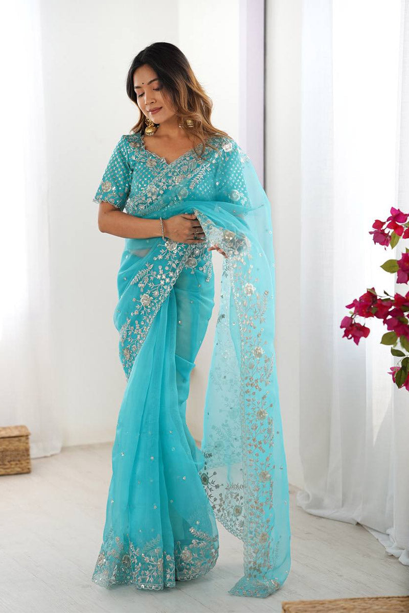 Designer Sky Blue Organza Saree with Intricate Thread Work | UK Party Wear RTI