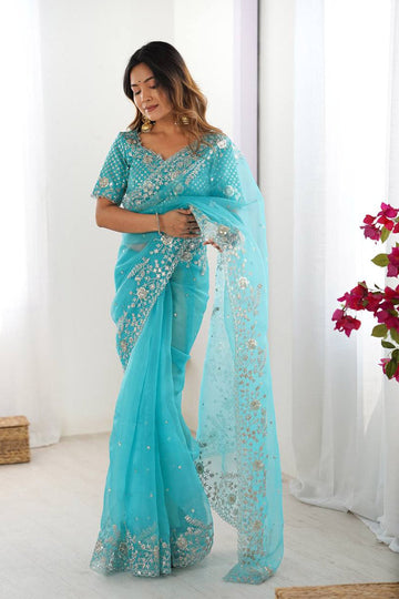 Designer Sky Blue Organza Saree with Intricate Thread Work | UK Party Wear RTI