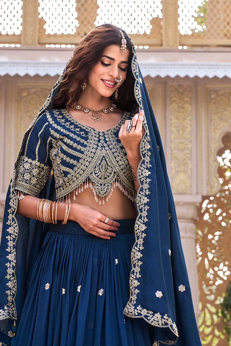Traditional Wedding Outfit – Teal Blue Embroidered Skirt & Choli RTI