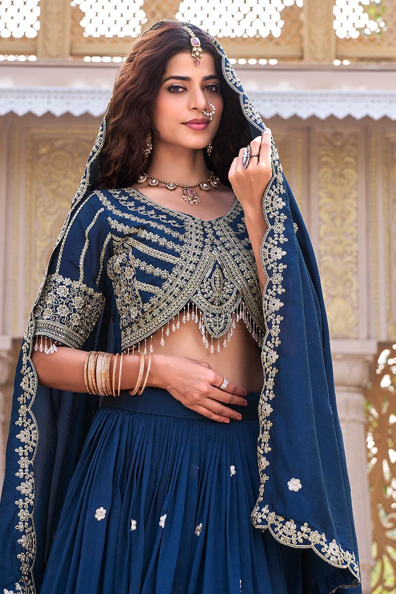 Traditional Wedding Outfit – Teal Blue Embroidered Skirt & Choli RTI