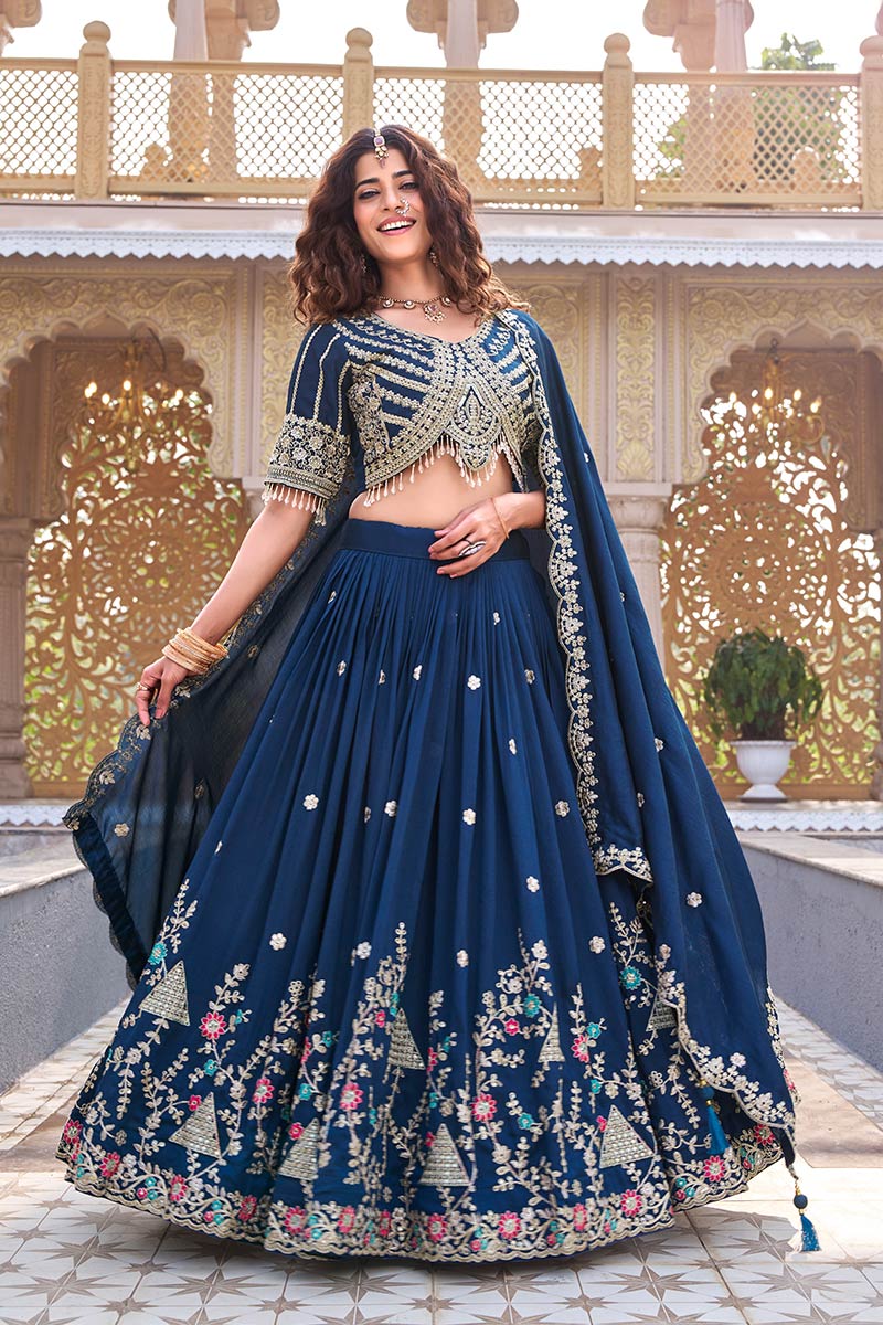 Traditional Wedding Outfit – Teal Blue Embroidered Skirt & Choli RTI